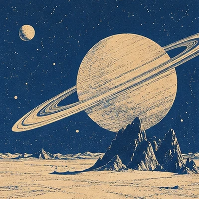 Ringed planet over a desert of rock spires