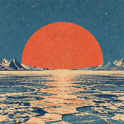 Red sun setting over a frozen sea