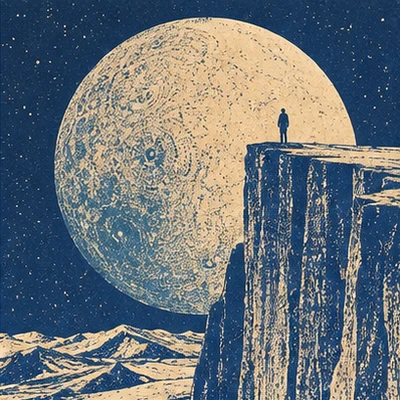 A figure on a cliff before a giant moon