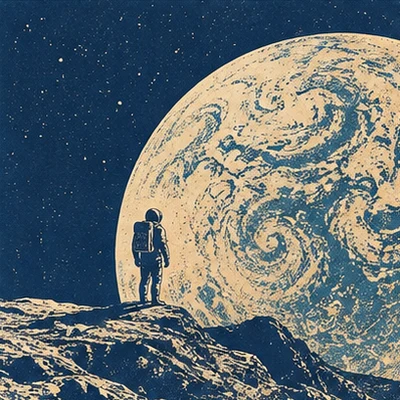 Astronaut facing a swirling planet