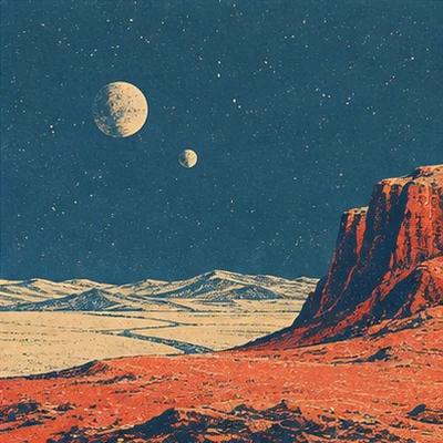 Two moons over a red mesa