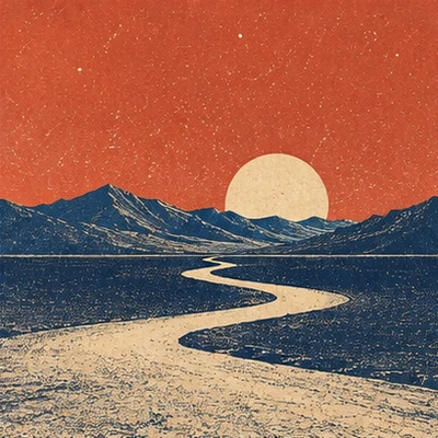 Winding road toward a pale sun